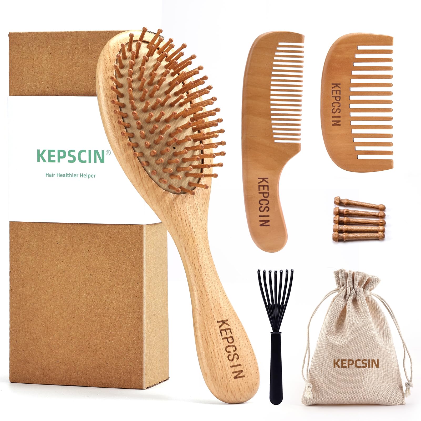 KEPCSIN solid wood hair brush with round-head design for gentle detangling.