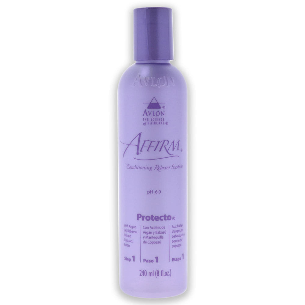 KeraCare Avlon Affirm Protecto 8oz bottle demonstrates protective treatment for damaged hair fibers.