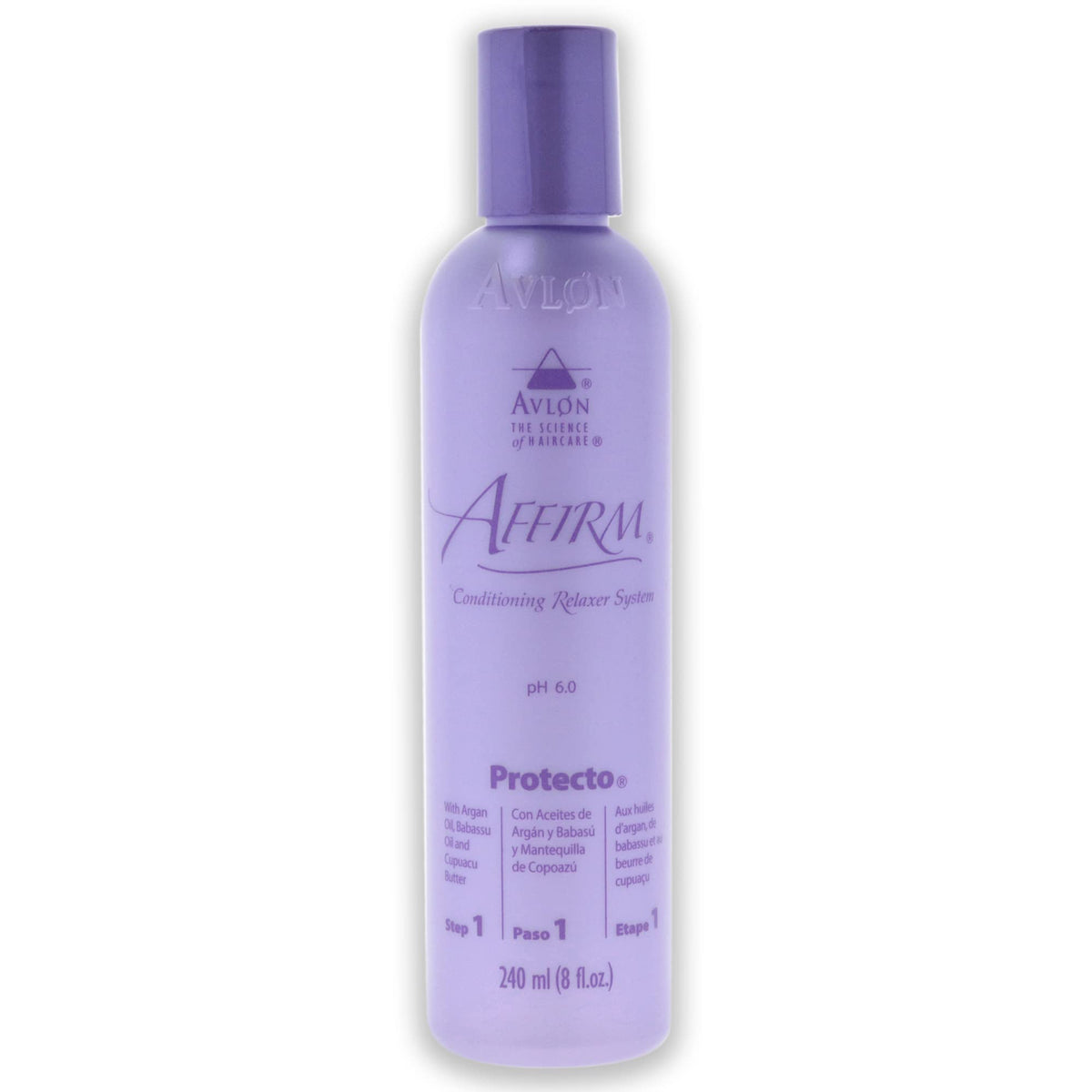 KeraCare Avlon Affirm Protecto 8oz bottle demonstrates protective treatment for damaged hair fibers.