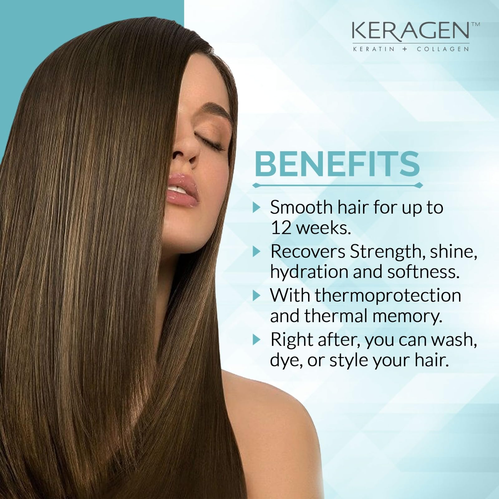 KERAGEN Brazilian Keratin packaging close-up highlighting a formaldehyde-free formula for safe at-home smoothing