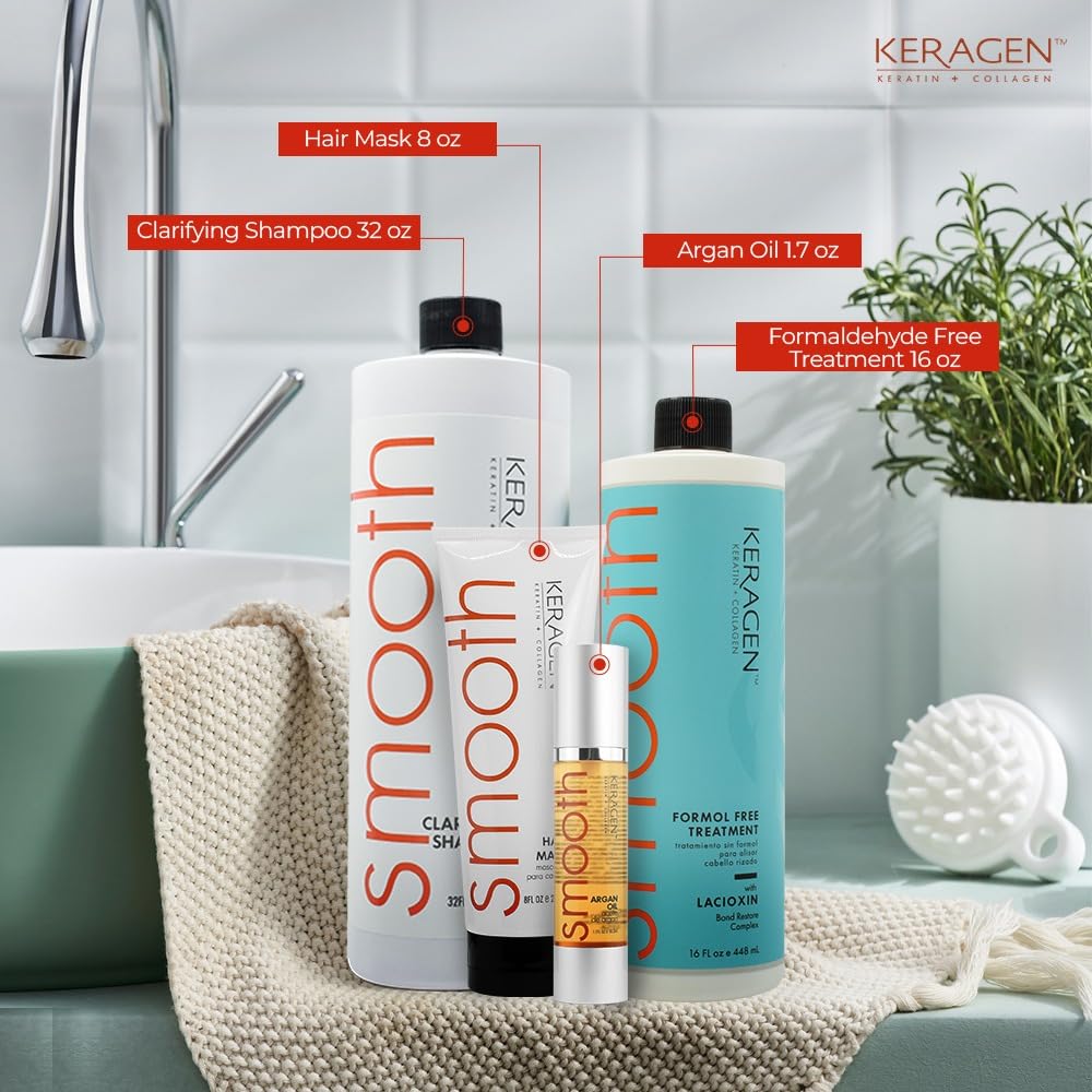 Keragen clarifying shampoo 32oz bottle preps hair for keratin smoothing.