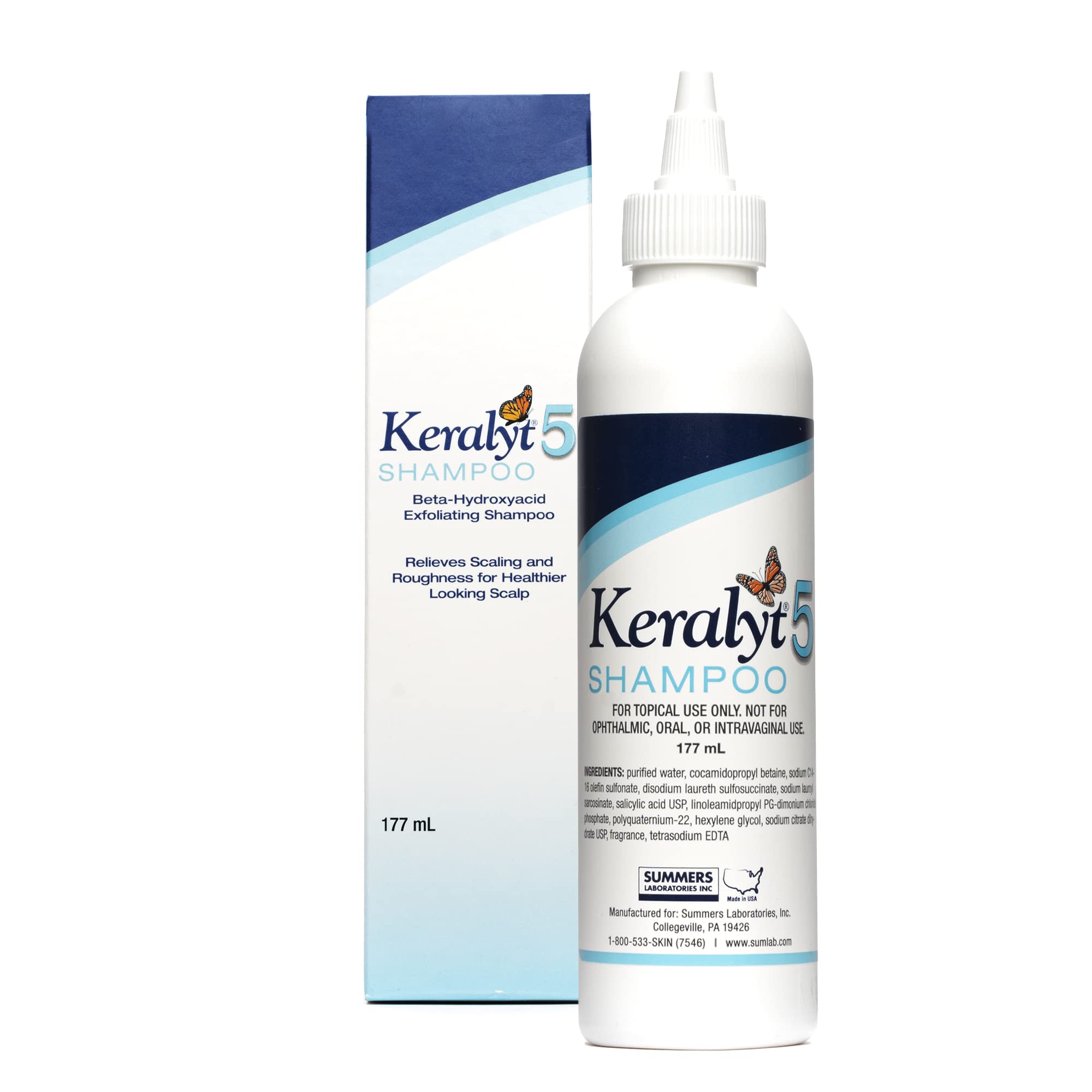 Keralyt 5 anti-dandruff shampoo bottle shown for exfoliation and scalp care.