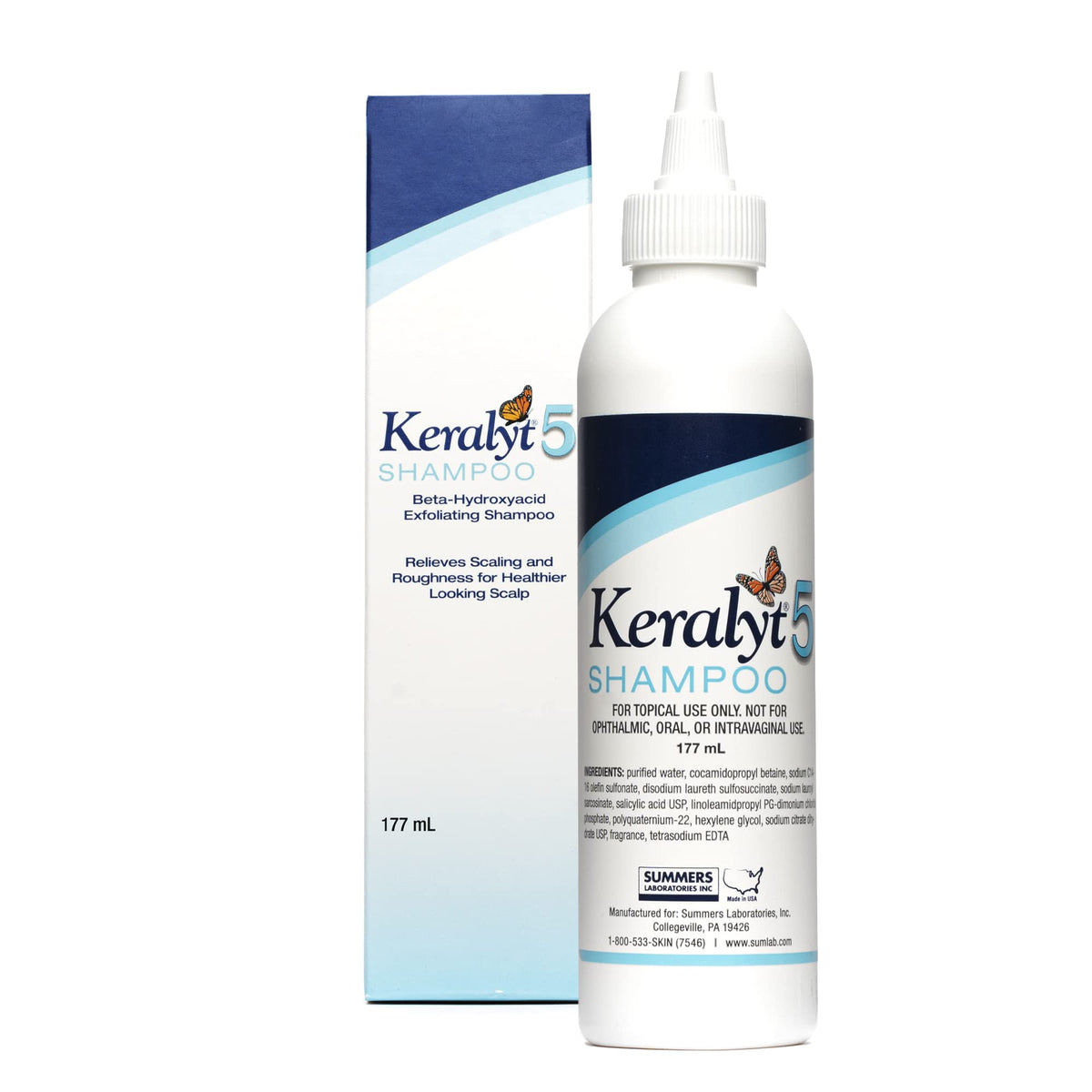 Keralyt 5 anti-dandruff shampoo bottle shown for exfoliation and scalp care.