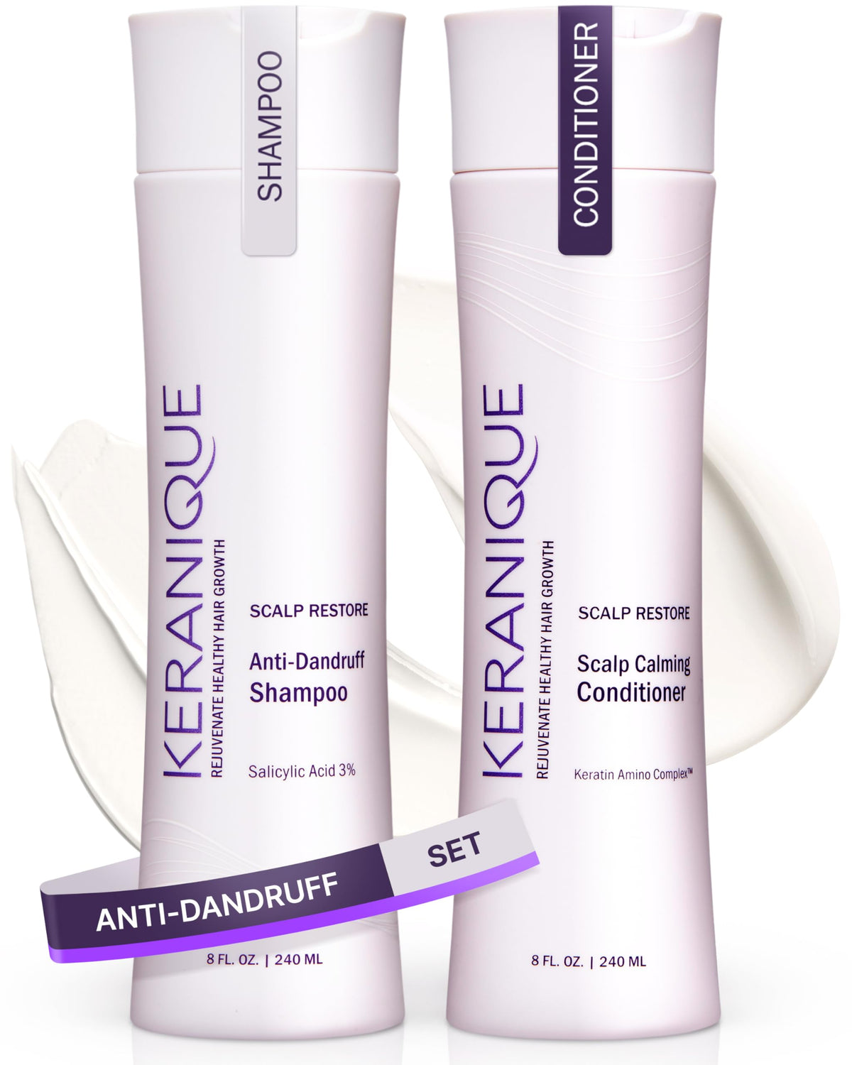 Keranique anti-dandruff shampoo bottle for soothing scalp and flakes reduction.