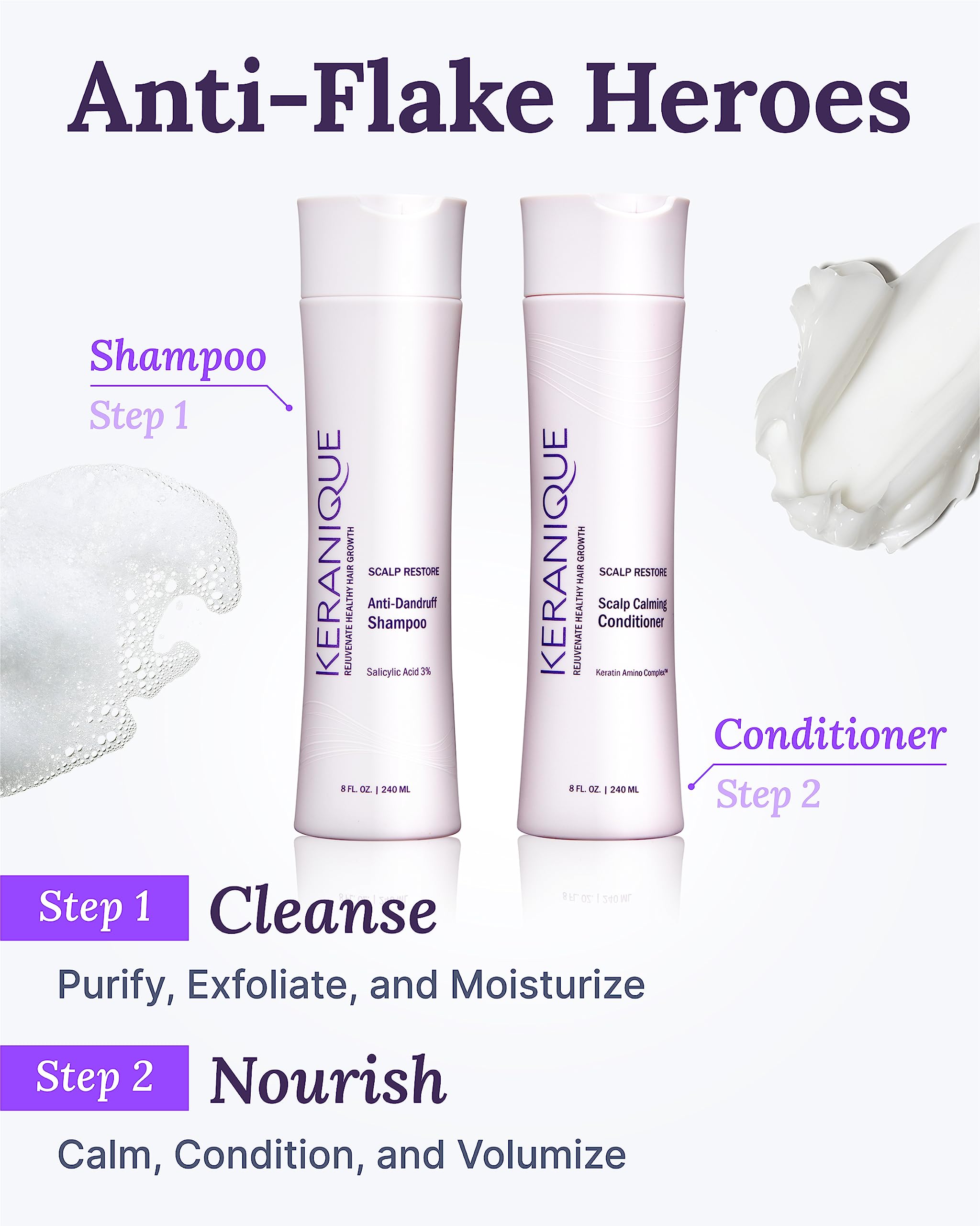 Keranique bottle on bathroom shelf emphasizing color-safe cleansing for thinning hair.