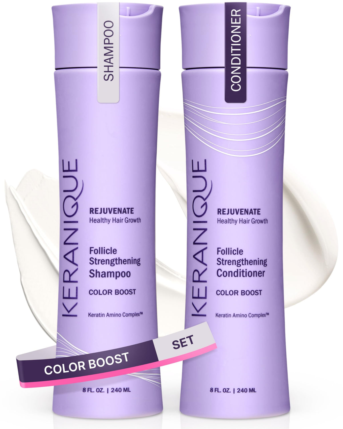 Keranique color-safe shampoo bottle demonstrates color protection benefits for vibrant, lasting color.