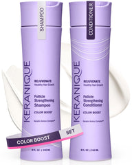 Keranique color-safe shampoo bottle demonstrates color protection benefits for vibrant, lasting color.