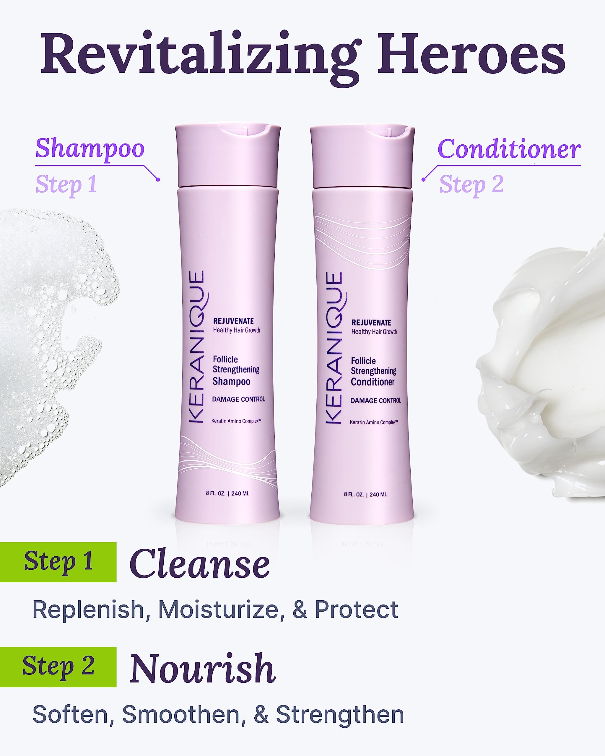 Keranique color-treated hair care bottle; cleanses without stripping color vibrancy.