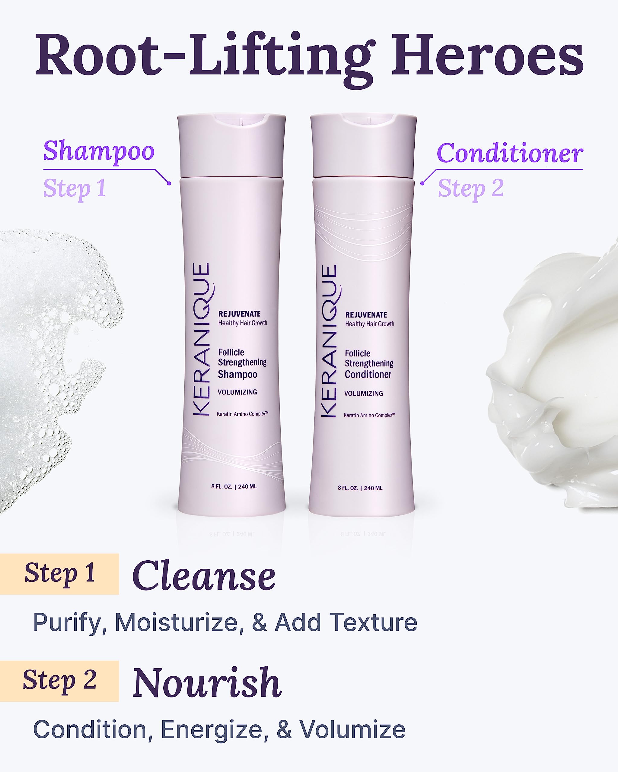 Keranique shampoo and conditioner tubes in use during daily routine.