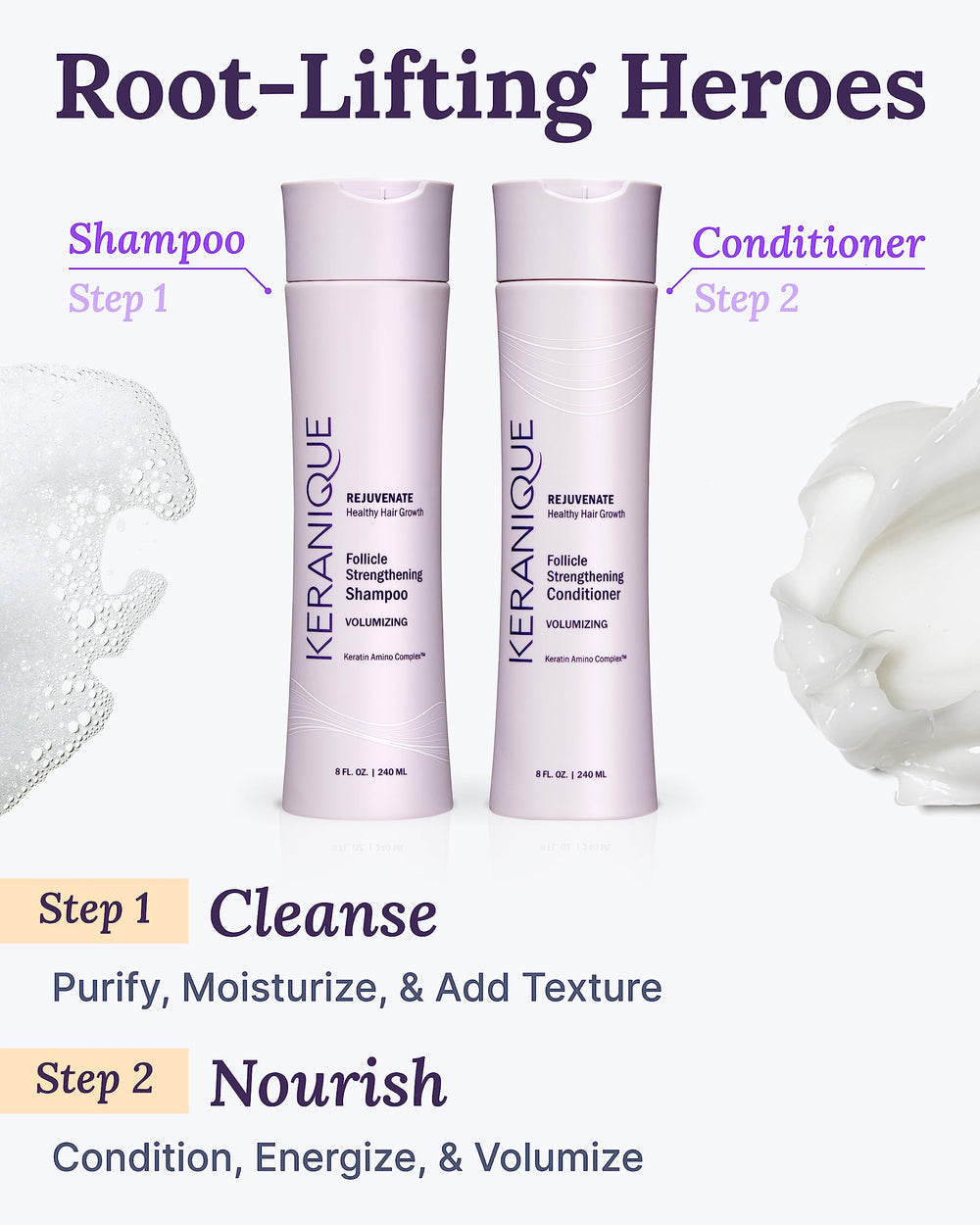 Keranique shampoo and conditioner tubes in use during daily routine.