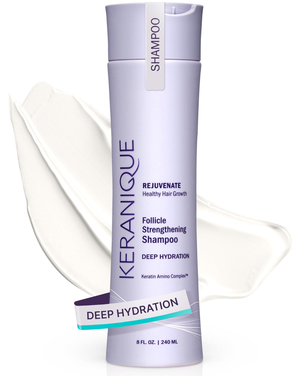Keranique Deep Hydration Shampoo bottle front shows moisturizing formula for thinning hair.