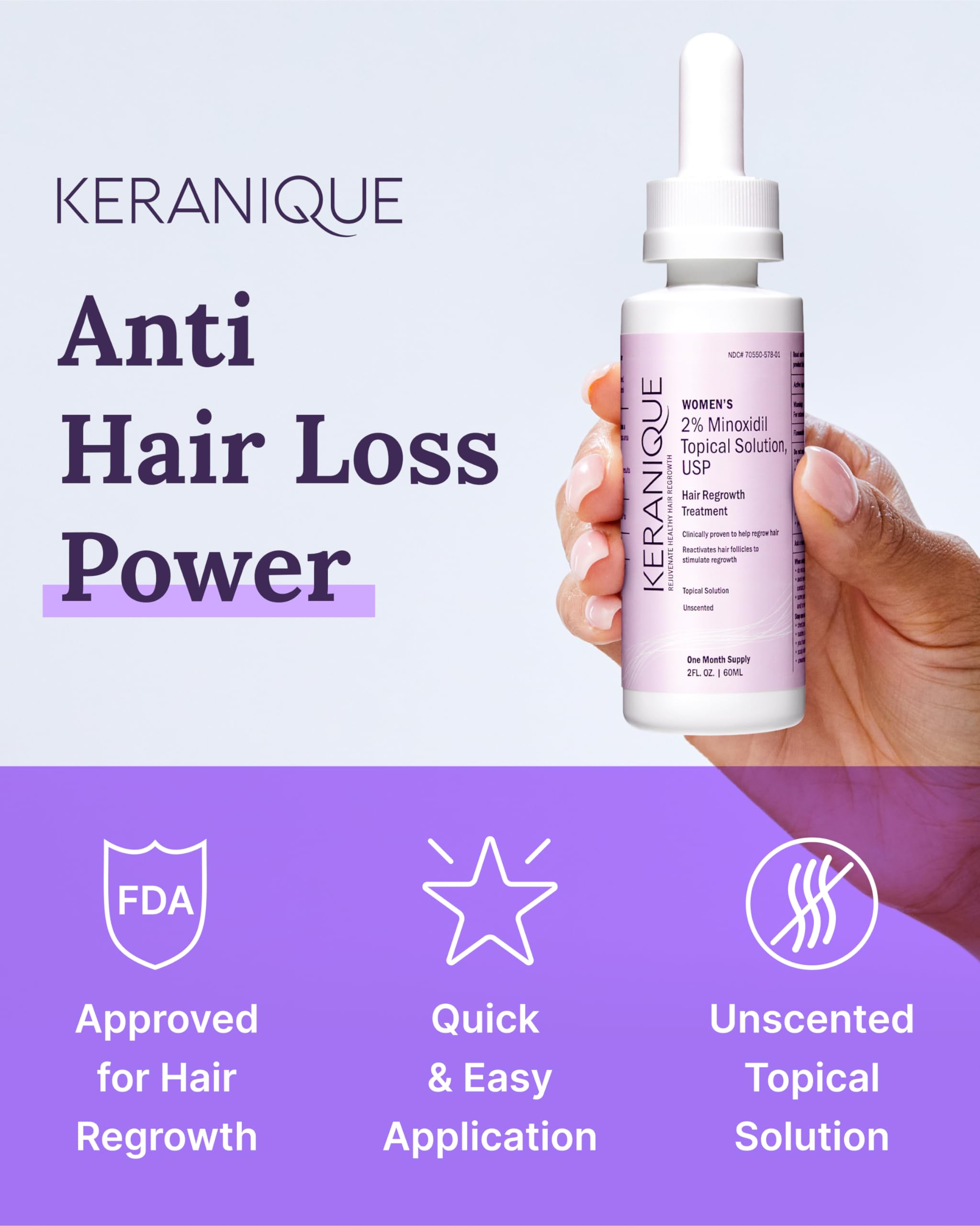 Keranique dropper application-angle showing precise scalp placement for regrowth routine.