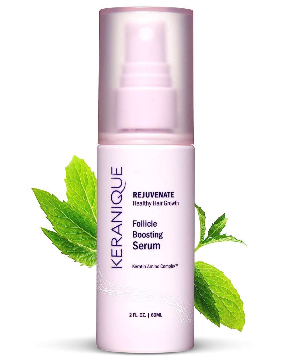 Keranique Follicle Booster bottle closeup shows a lightweight formula for daily scalp vitality.