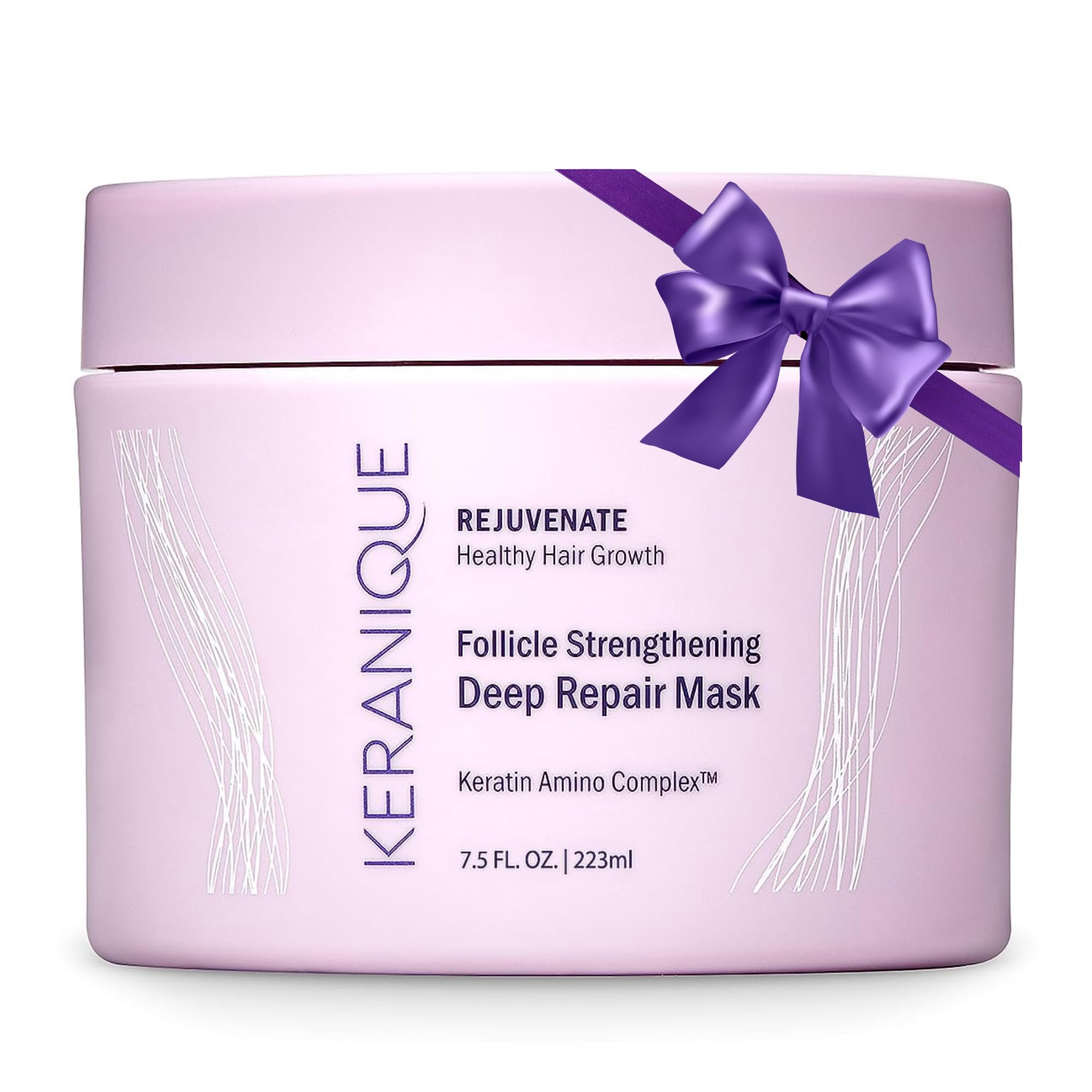 Keranique Hair Mask bottle with ceramides promotes smoother, hydrated hair.
