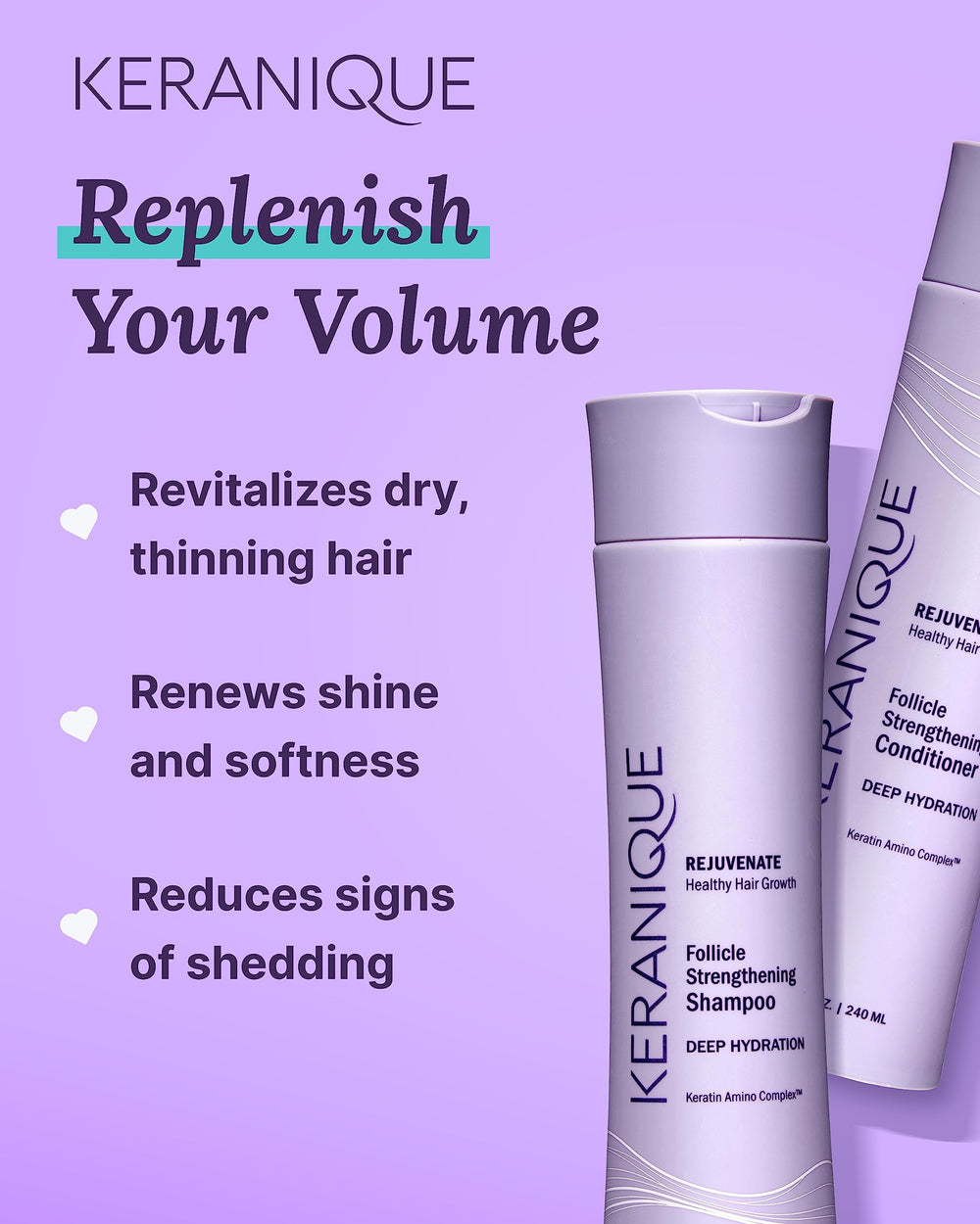 Hair strands closeup from Keranique product show enhanced softness and shine.