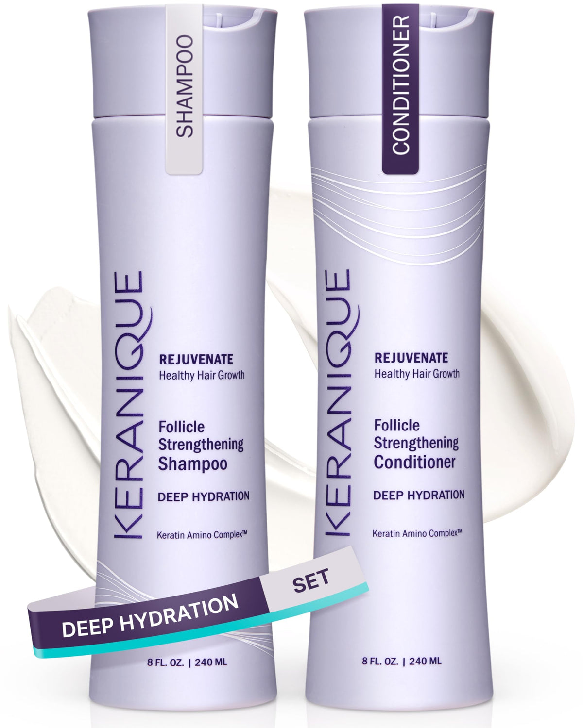 Keranique hydrating shampoo bottle delivers deep moisture for dry hair.