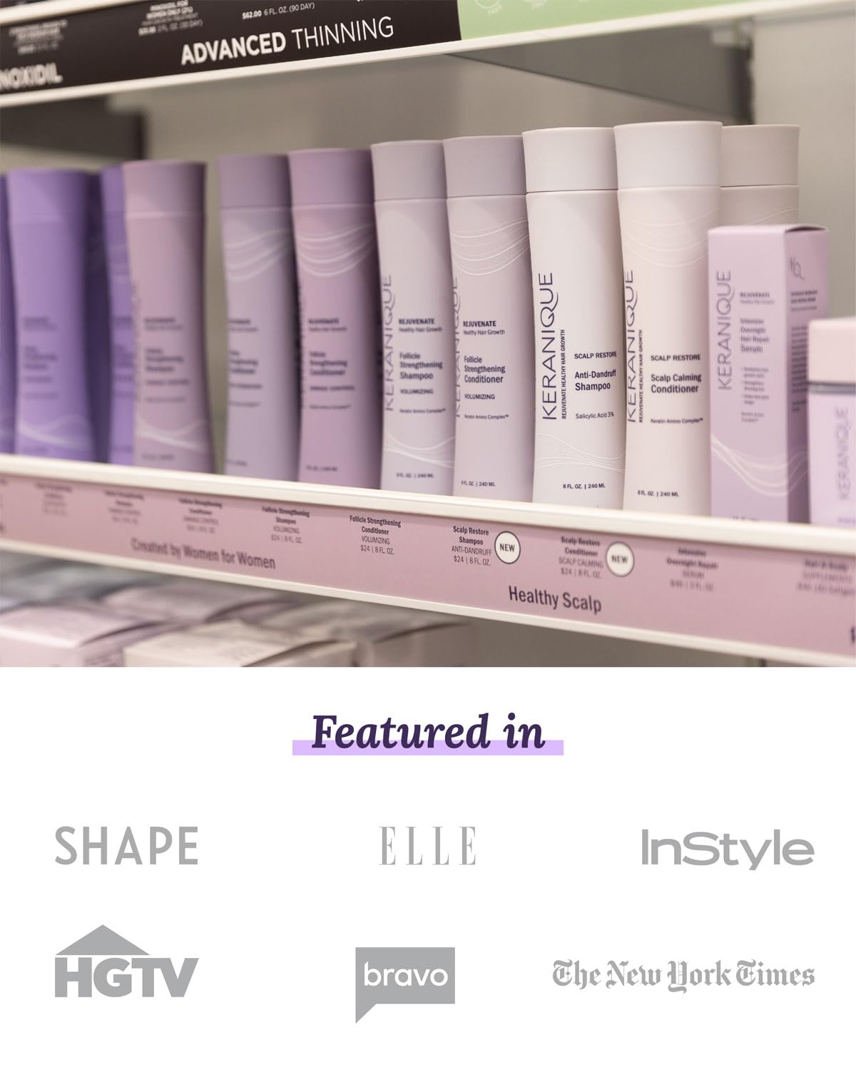 Keranique keratin amino complex label close-up highlights strengthening benefits.