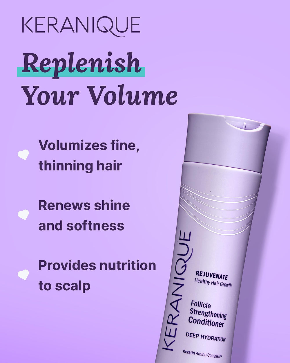 Keranique Keratin Amino Complex pack image conveys strengthening support for thinning hair