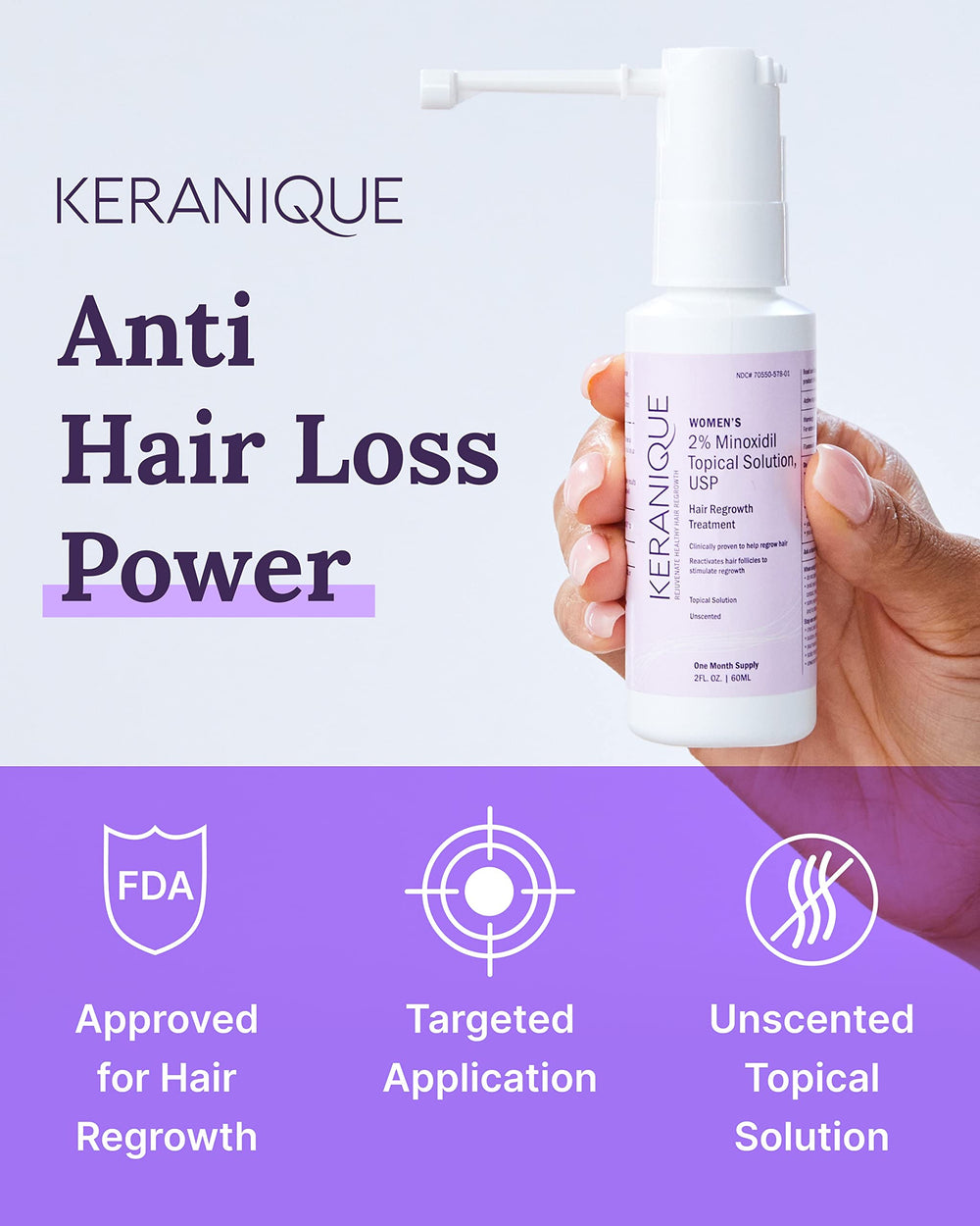 Keranique precision spray applicator for targeted scalp dosing.