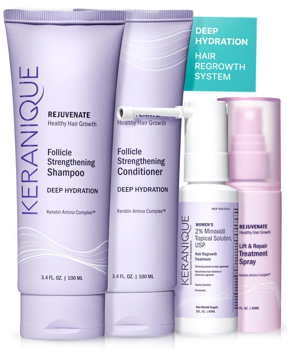 Keranique regrowth shampoo bottle closeup shows hydrating formula for dry, thinning hair.