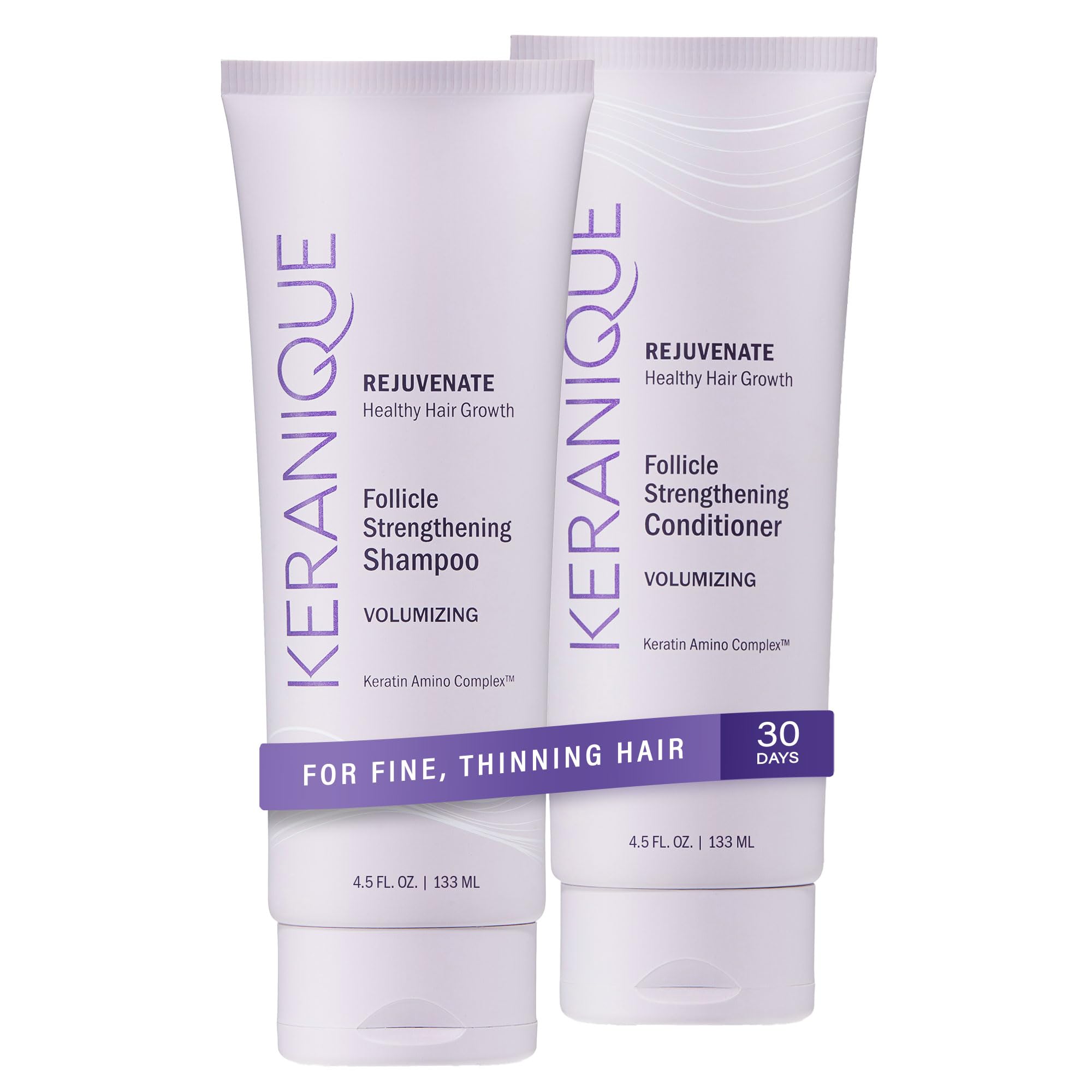 Keranique shampoo bottle closeup highlights volumizing formula for fine hair.