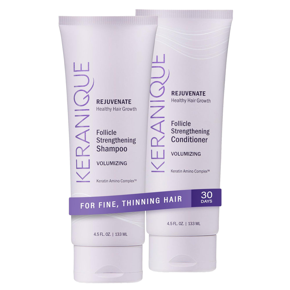 Keranique shampoo bottle closeup highlights volumizing formula for fine hair.