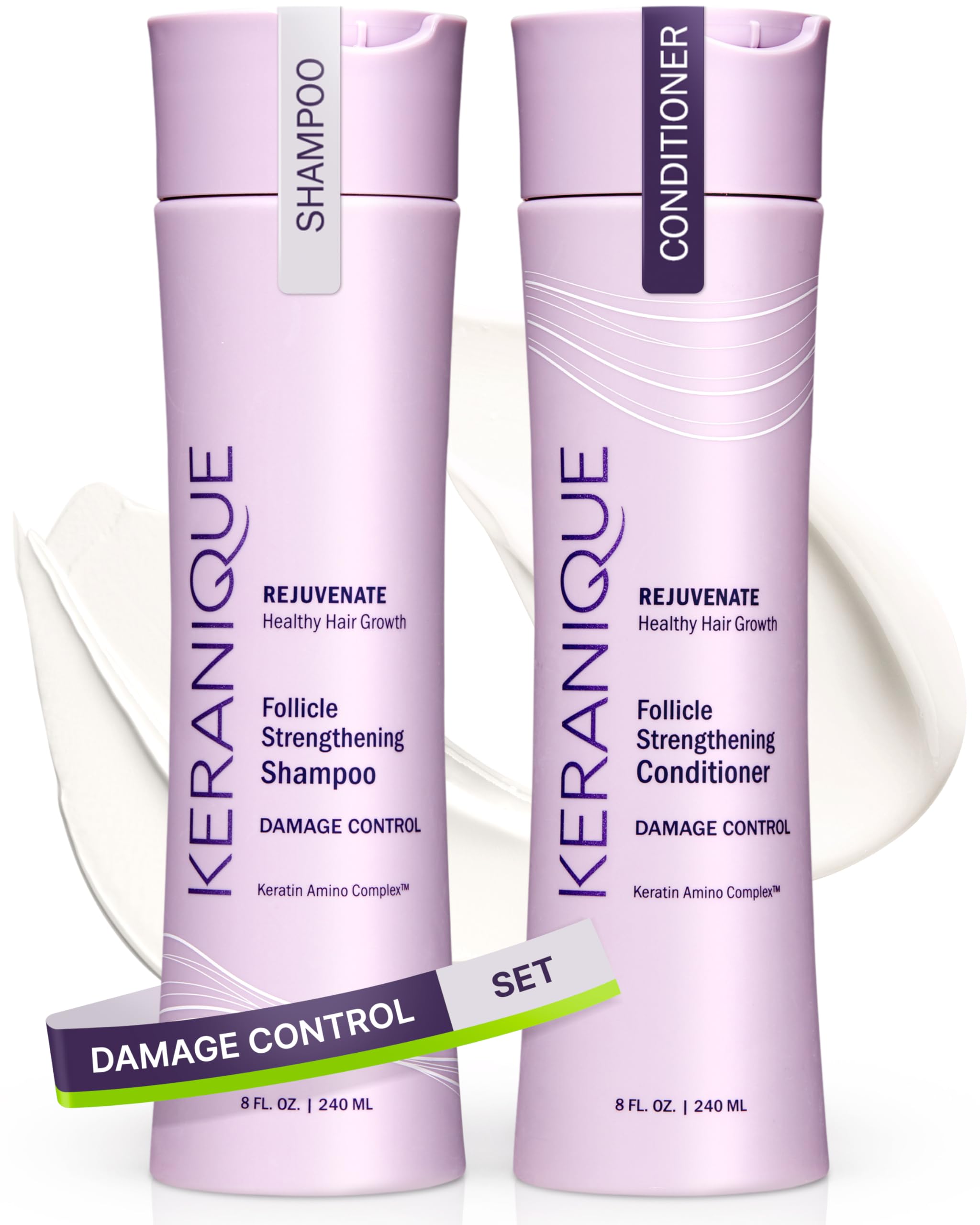 Keranique shampoo damaged hair bottle; gentle cleanse supports thinning and color-treated hair.