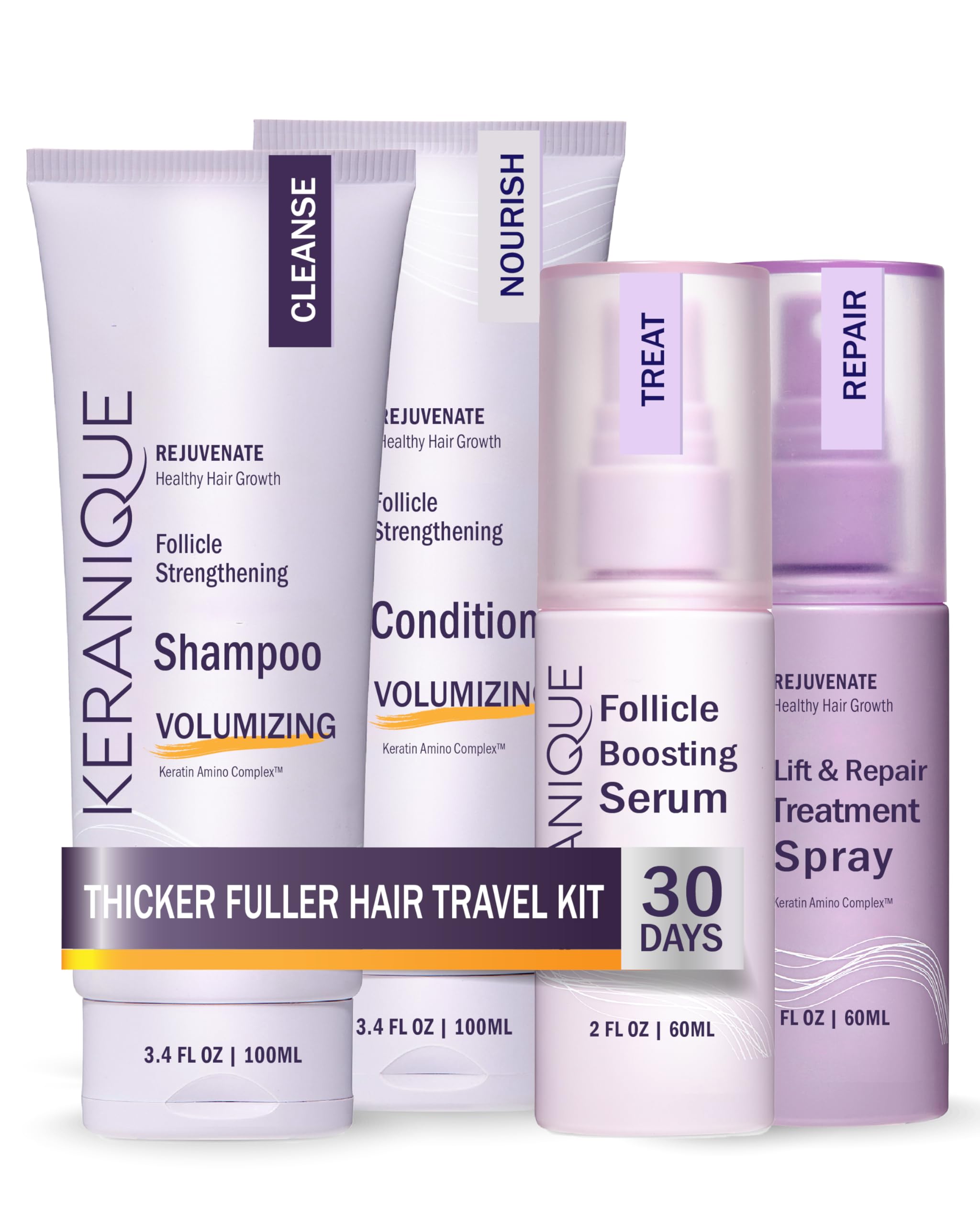 Keranique volume shampoo bottle adds fullness for fine hair.