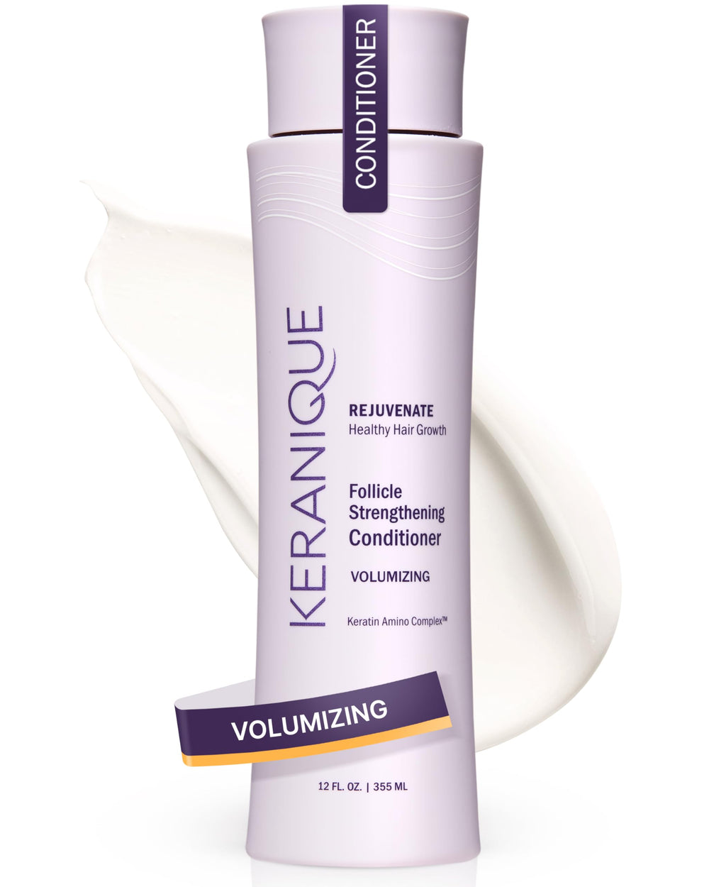 Keranique Volumizing Conditioner bottle pour shows easy application for fuller hair.