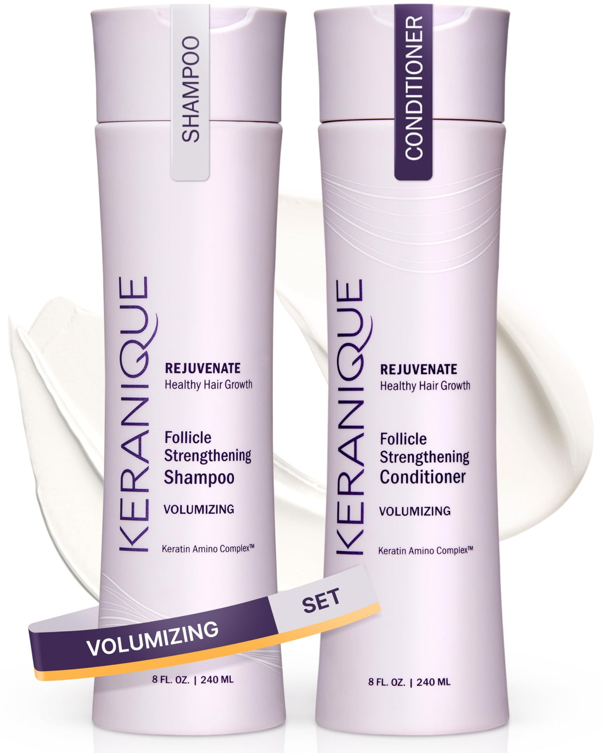 Keranique volumizing shampoo bottle promoting volume and fullness.