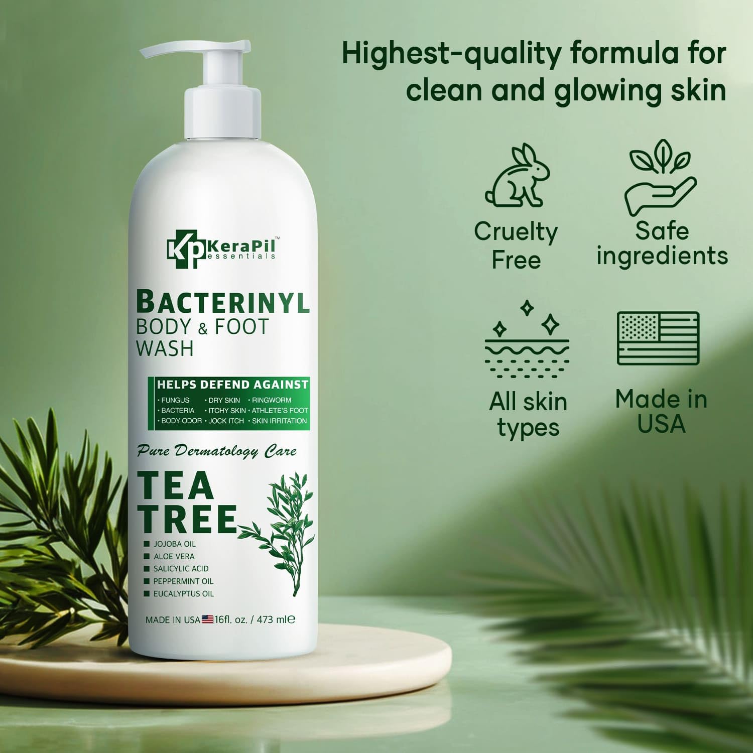 KERAPIL Bacterinyl Tea Tree Body Wash bottle view highlighting antibacterial cleansing.