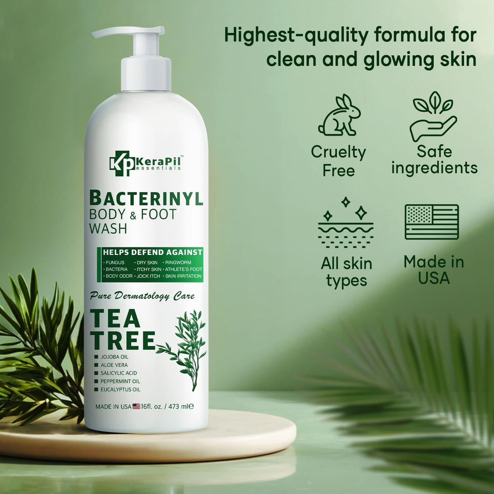 KERAPIL Bacterinyl Tea Tree Body Wash bottle view highlighting antibacterial cleansing.