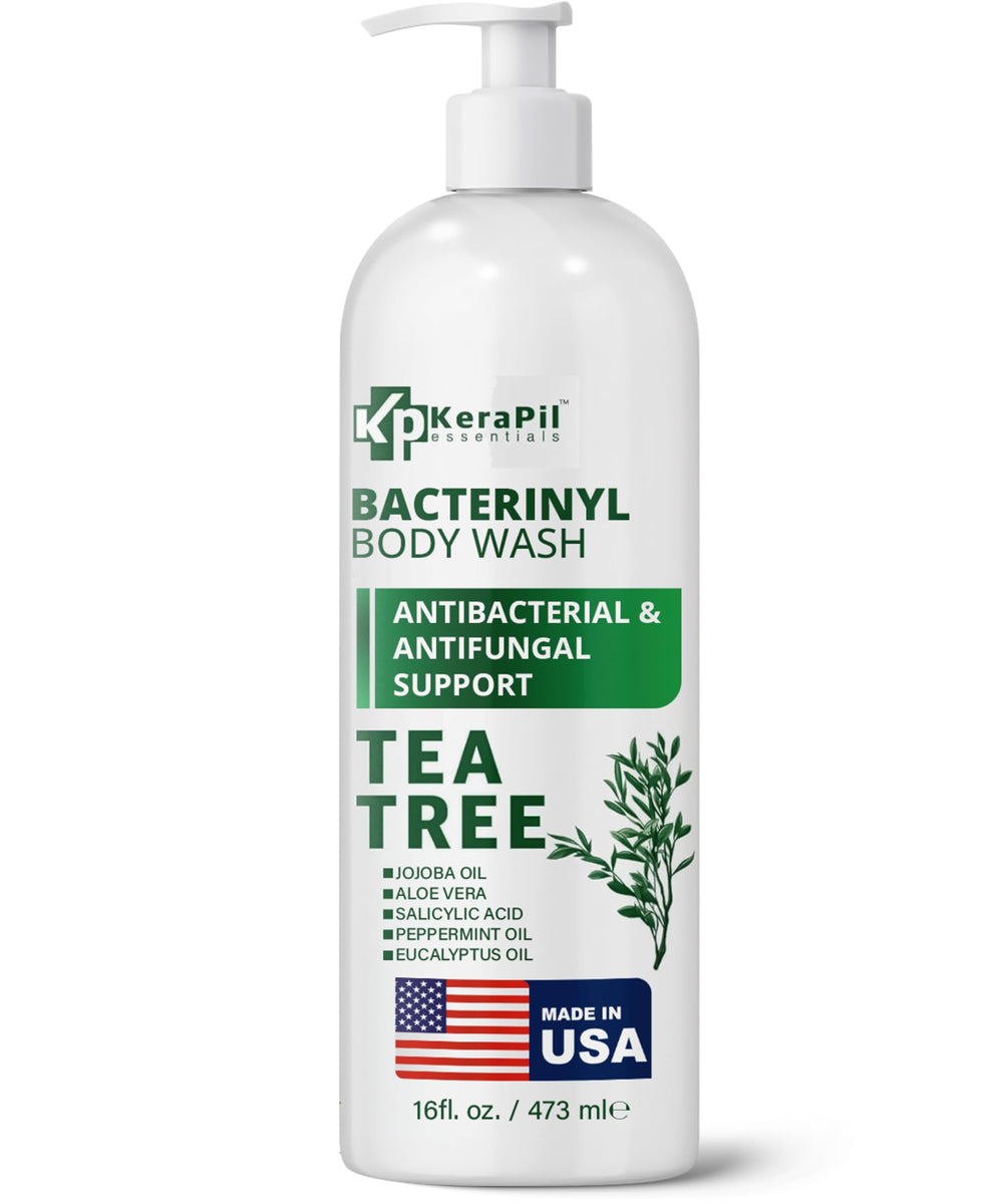 KERAPIL Bacterinyl Tea Tree Oil Body Wash bottle hero offers a refreshing cleanse.