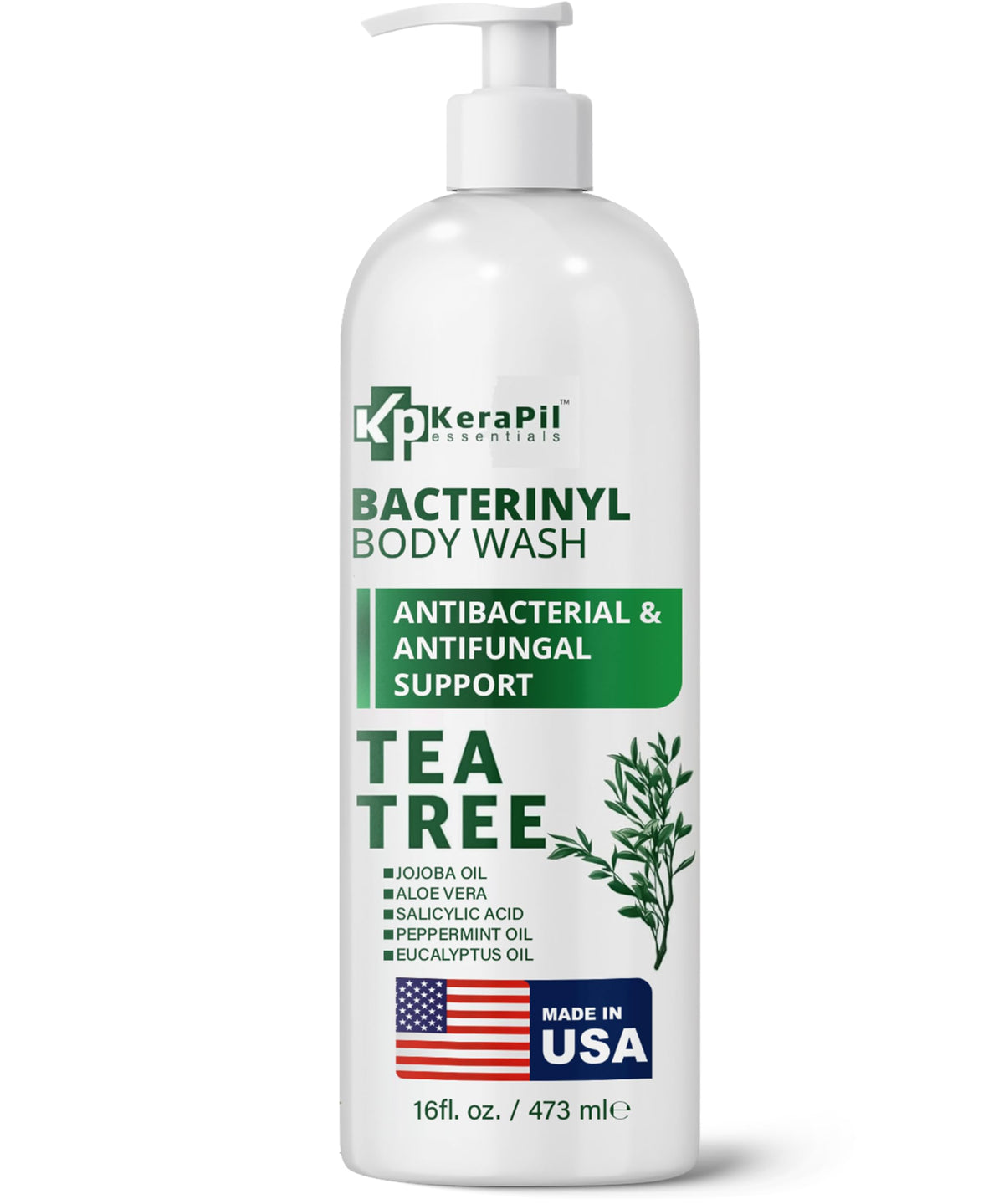 KERAPIL Bacterinyl Tea Tree Oil Body Wash bottle hero offers a refreshing cleanse.