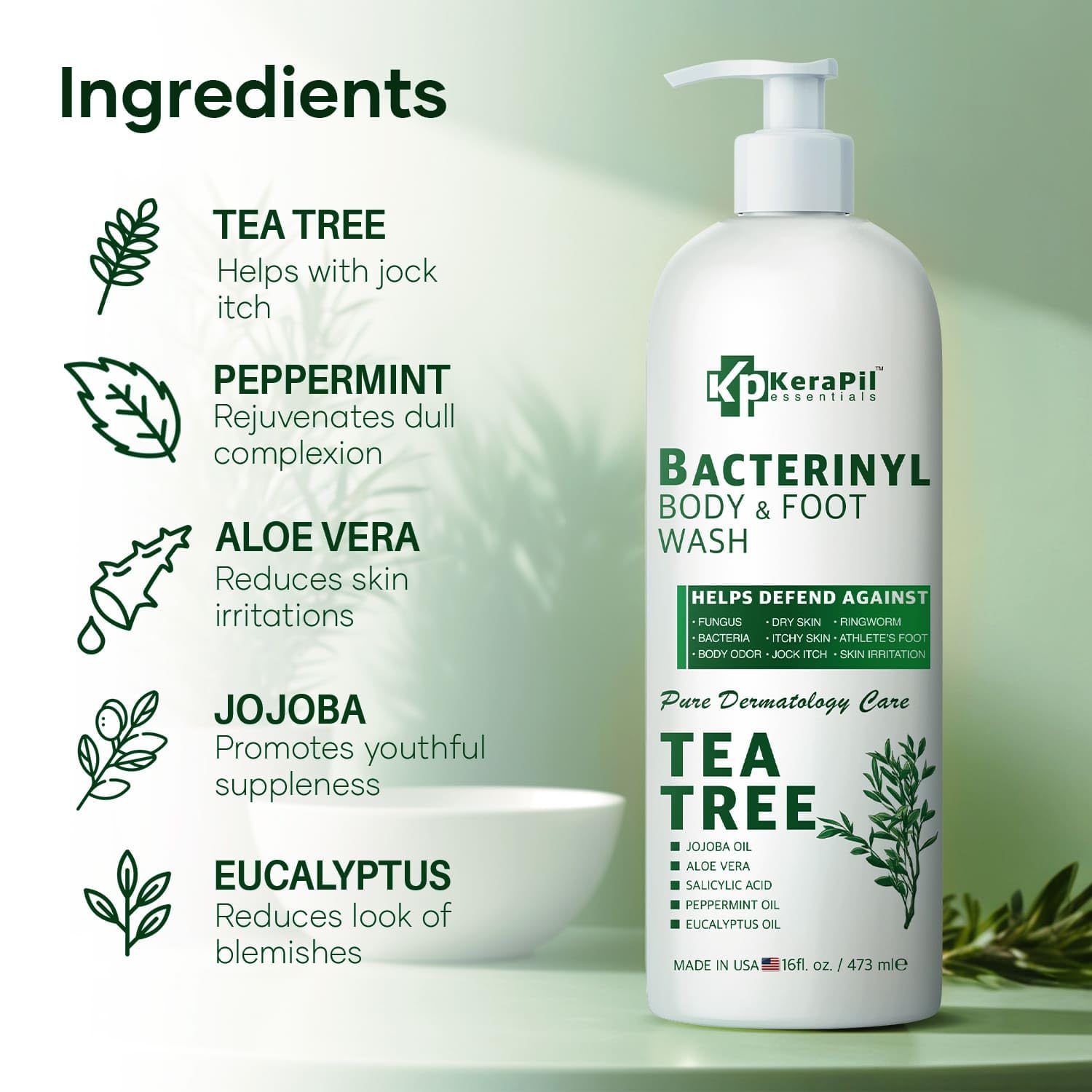 KERAPIL Bacterinyl Tea Tree Body Wash label closeup with tea tree oil note.