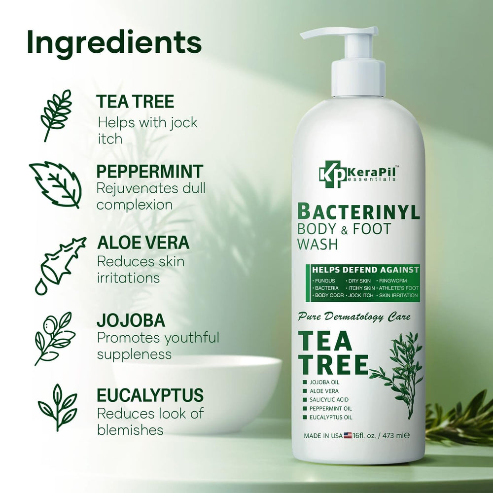KERAPIL Bacterinyl Tea Tree Body Wash label closeup with tea tree oil note.