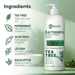 KERAPIL Bacterinyl Tea Tree Body Wash label closeup with tea tree oil note.