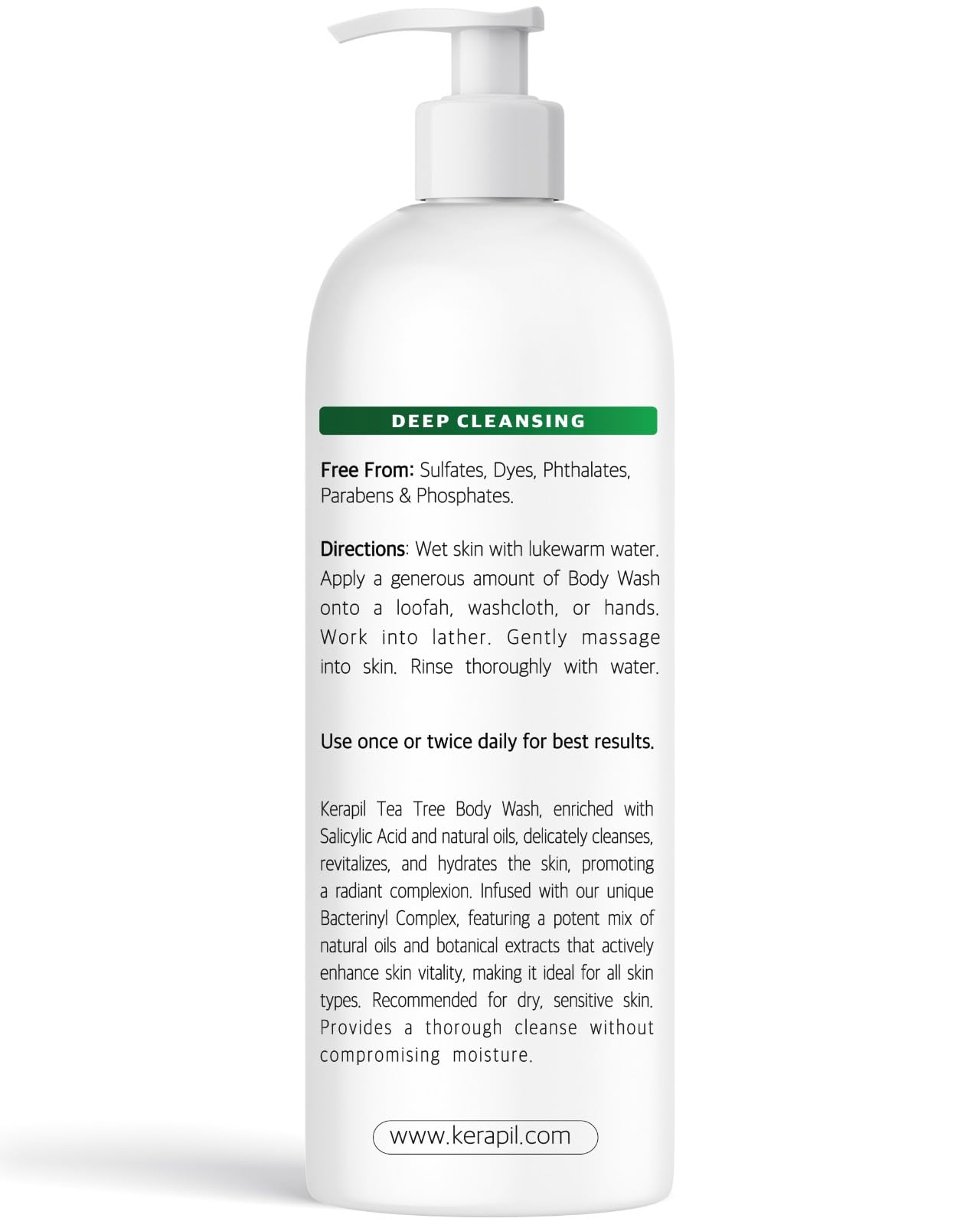 KERAPIL Bacterinyl Tea Tree Body Wash USA-made cruelty-free packaging on display.