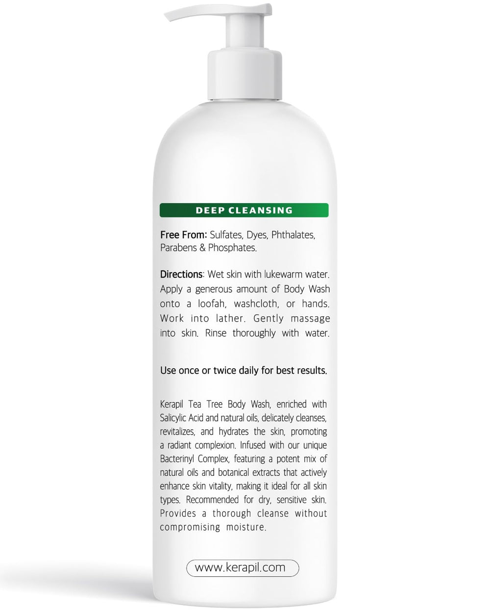 KERAPIL Bacterinyl Tea Tree Body Wash USA-made cruelty-free packaging on display.