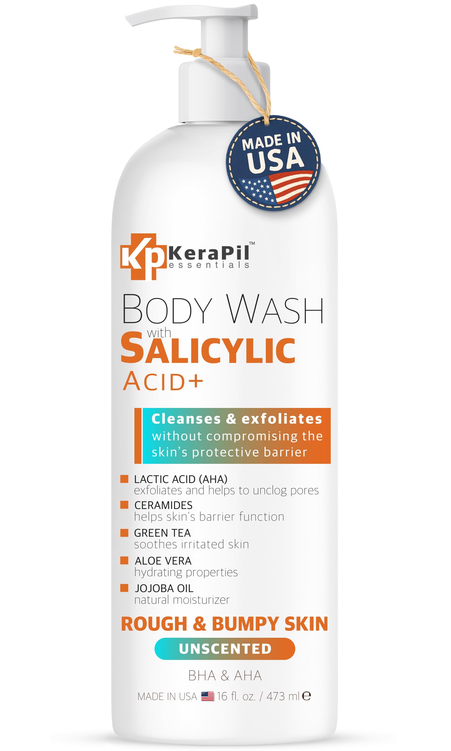 KERAPIL Exfoliating Body Wash bottle demonstrates unscented gentle cleansing.