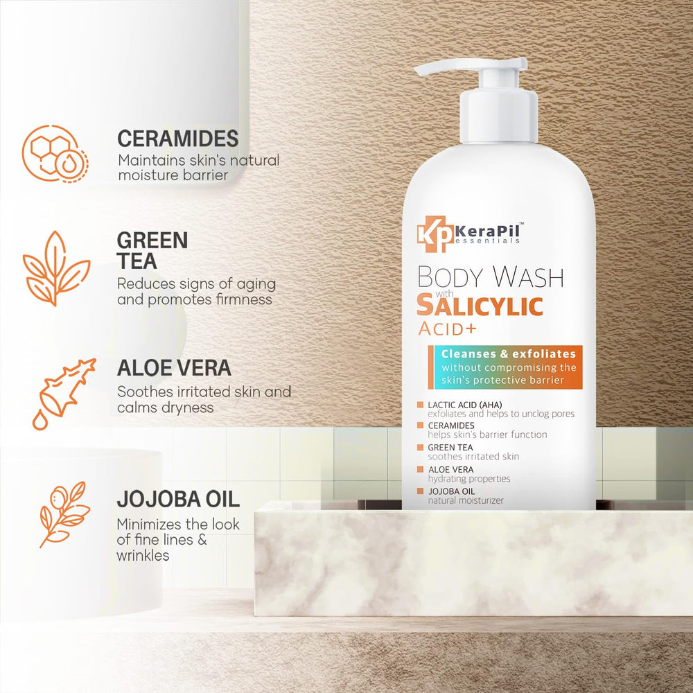 KERAPIL Exfoliating Body Wash foamy lather shows dual-action exfoliation benefits.
