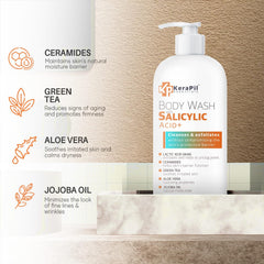 KERAPIL Exfoliating Body Wash foamy lather shows dual-action exfoliation benefits.