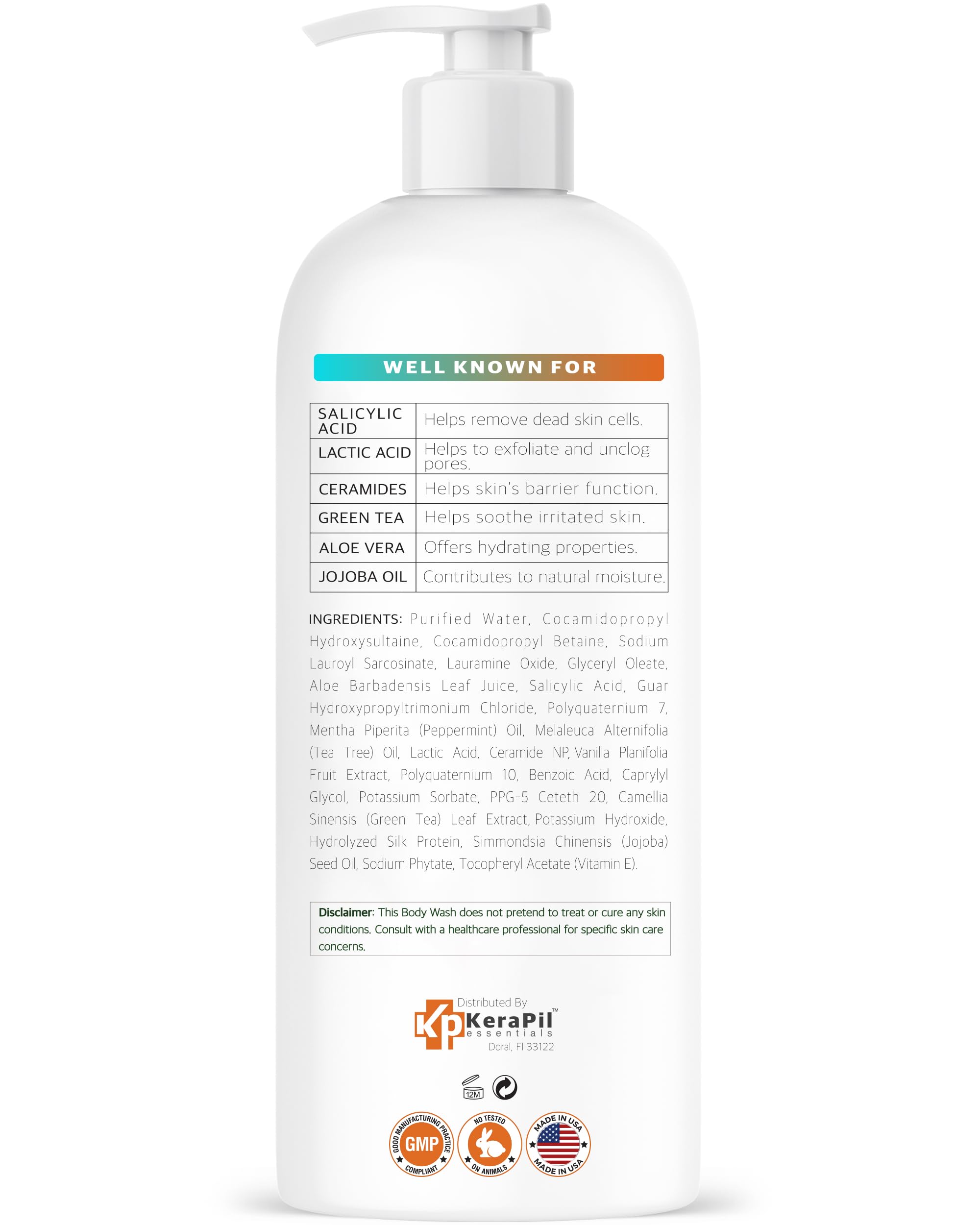 KERAPIL Exfoliating Body Wash USA-made badge communicates quality.