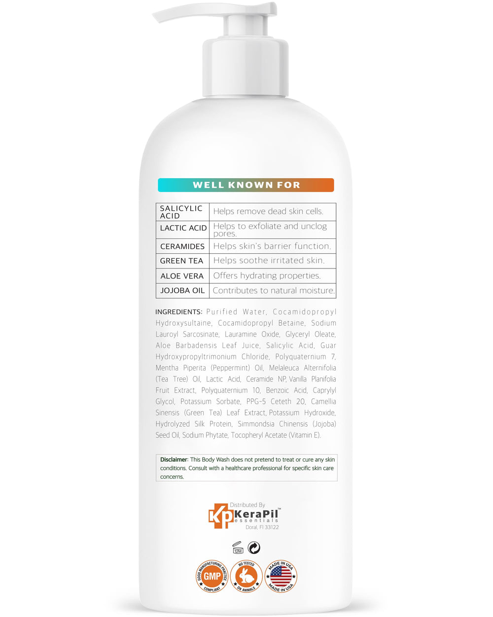 KERAPIL Exfoliating Body Wash USA-made badge communicates quality.
