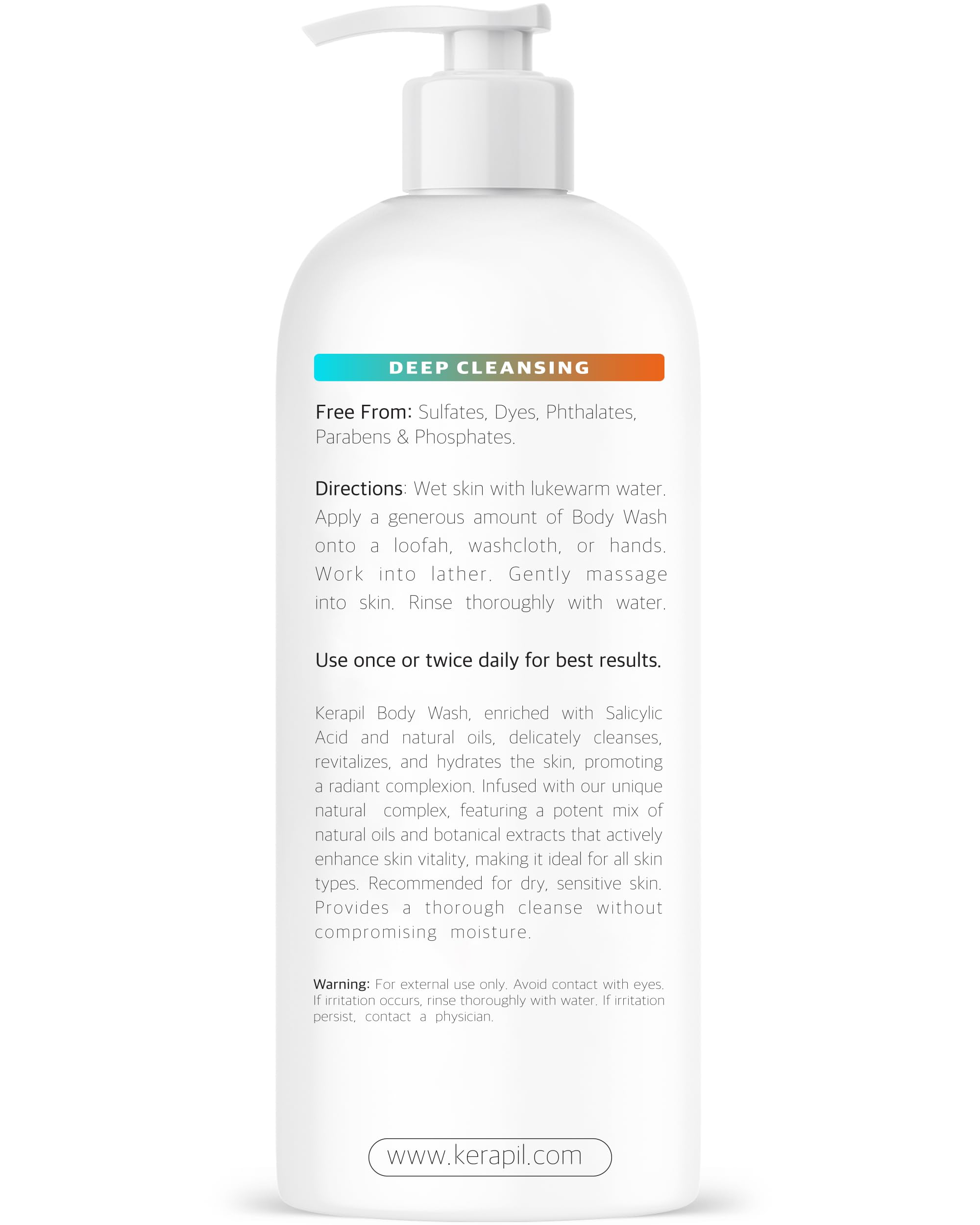 KERAPIL Exfoliating Body Wash unscented label confirms fragrance-free formula.
