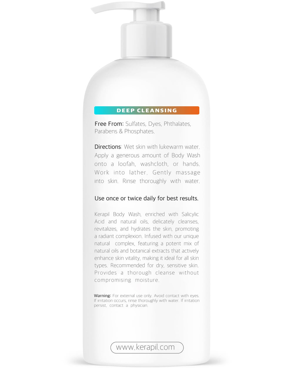 KERAPIL Exfoliating Body Wash unscented label confirms fragrance-free formula.