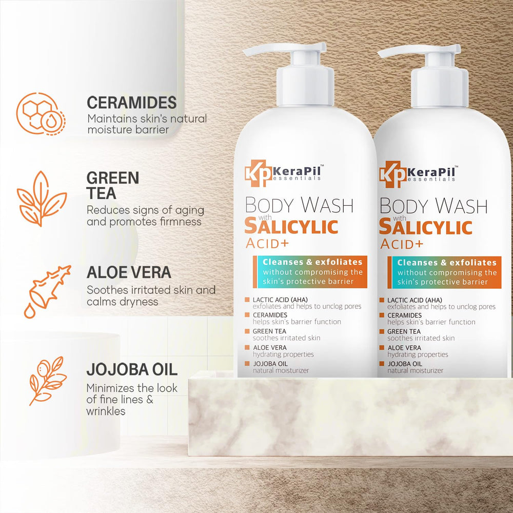KERAPIL salicylic acid body wash foam shows cleansing lather for pores.