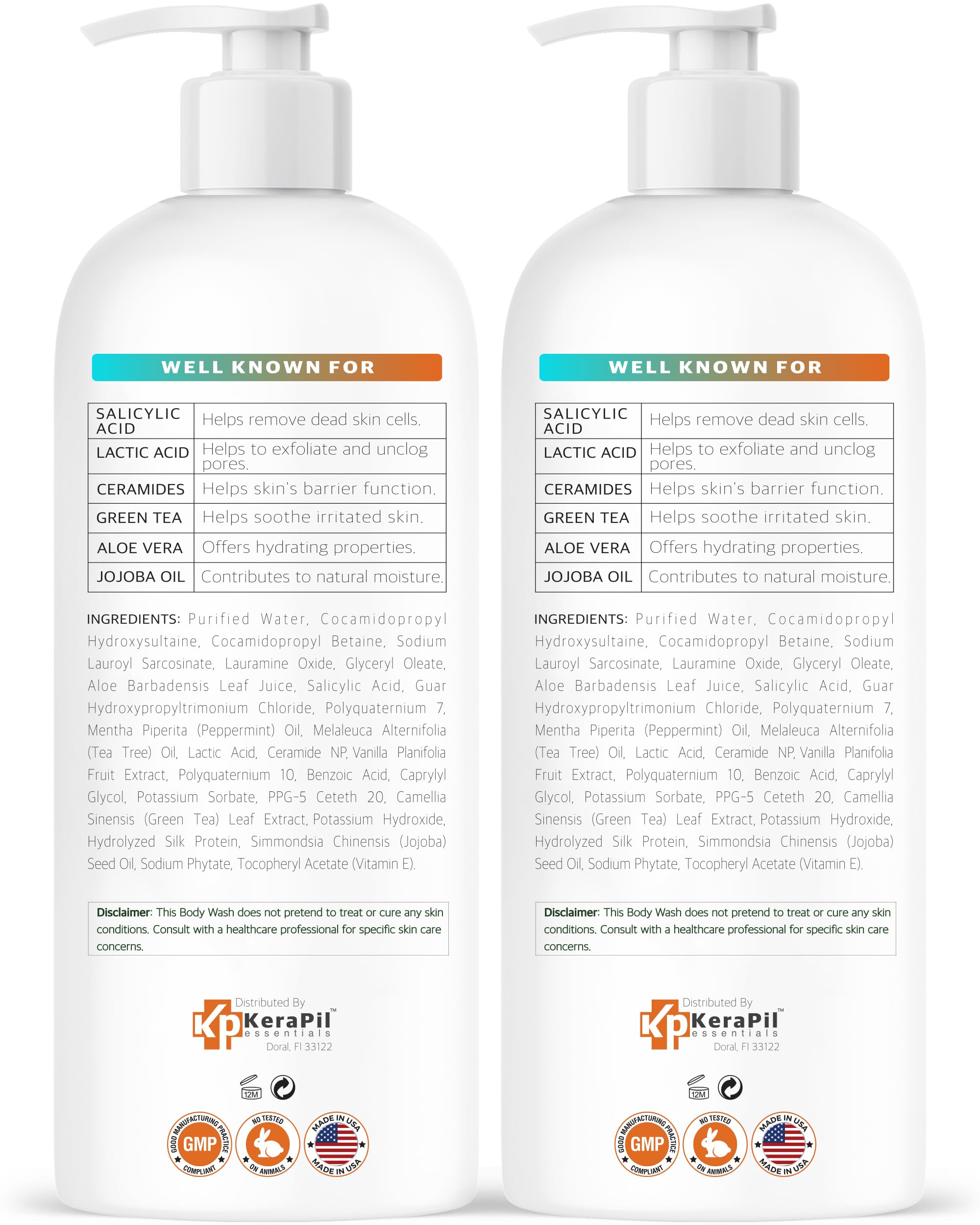KERAPIL salicylic acid body wash Made in USA label on bottle.