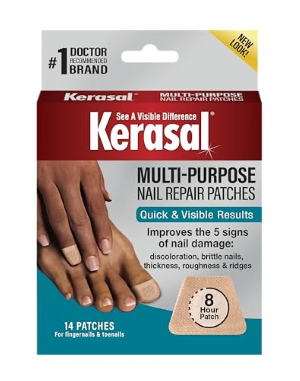 Kerasal multi-purpose nail repair patches pack shown for at-home nail care and improved appearance.