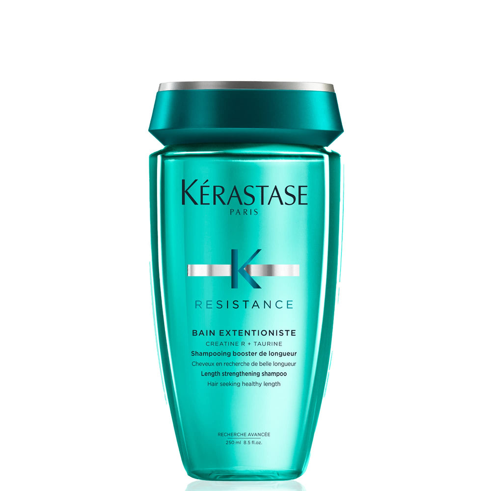 KÉRASTASE Bain Extentioniste shampoo bottle highlighting length-strengthening formula for damaged hair.